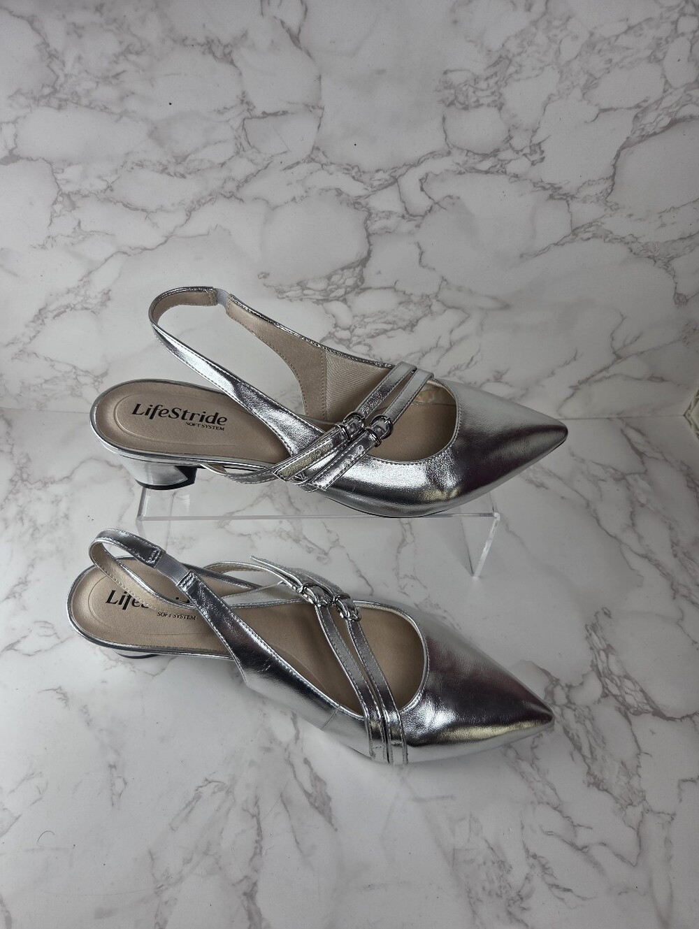 Life Stride Metallic Silver Pointed Slingback Heels(B105)